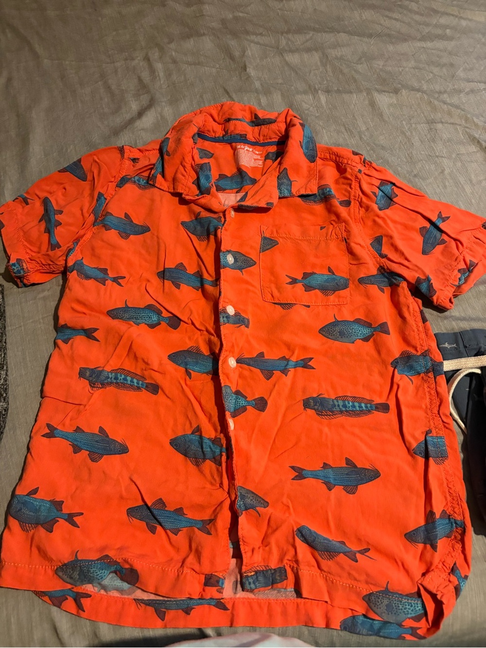 Cat & Jack Bright Orange Short Sleeve Button-Down with Blue Fish Print
